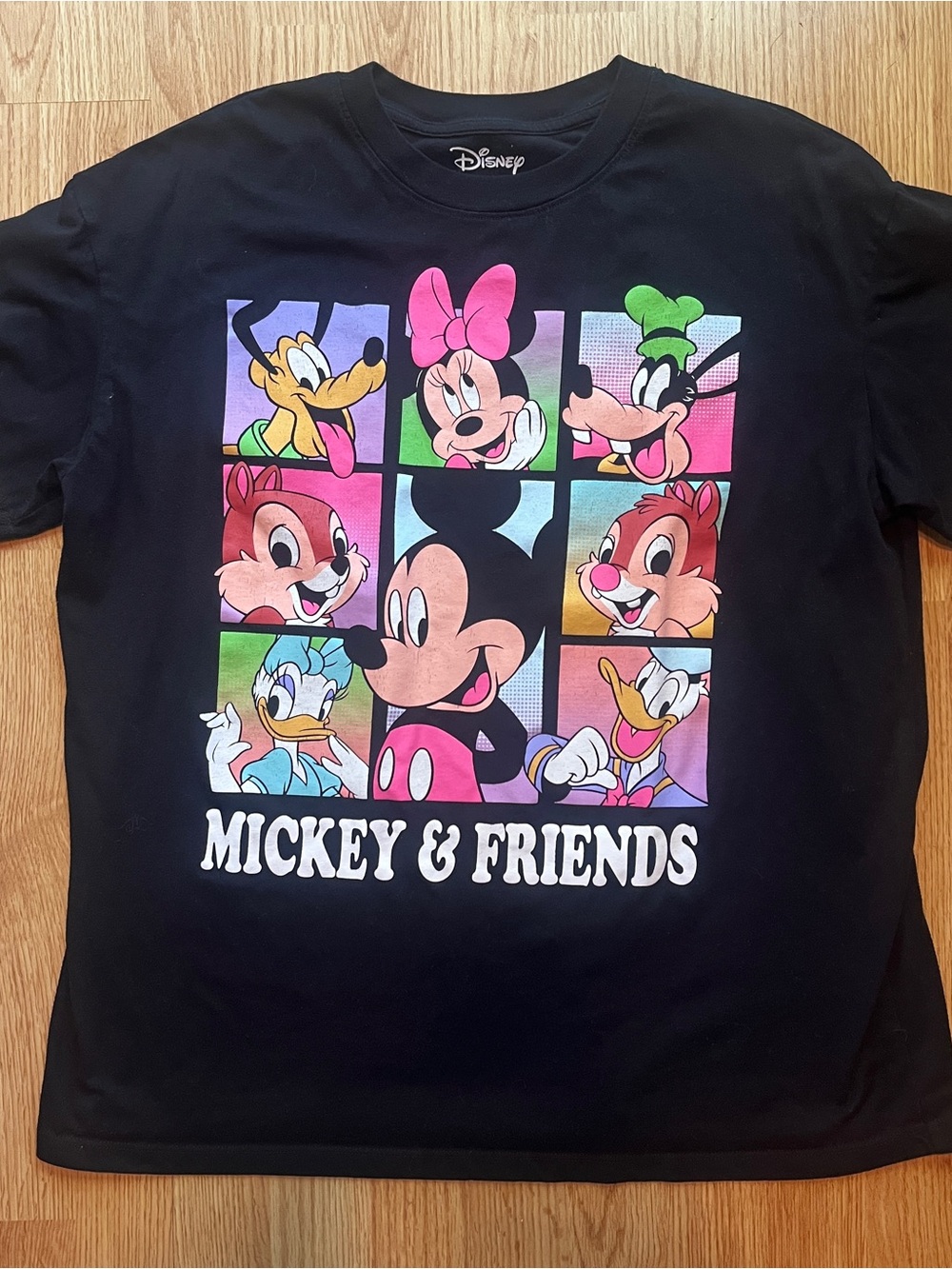 Disney Black Mickey & Friends Short Sleeve Tee with Colorful Character Panels
